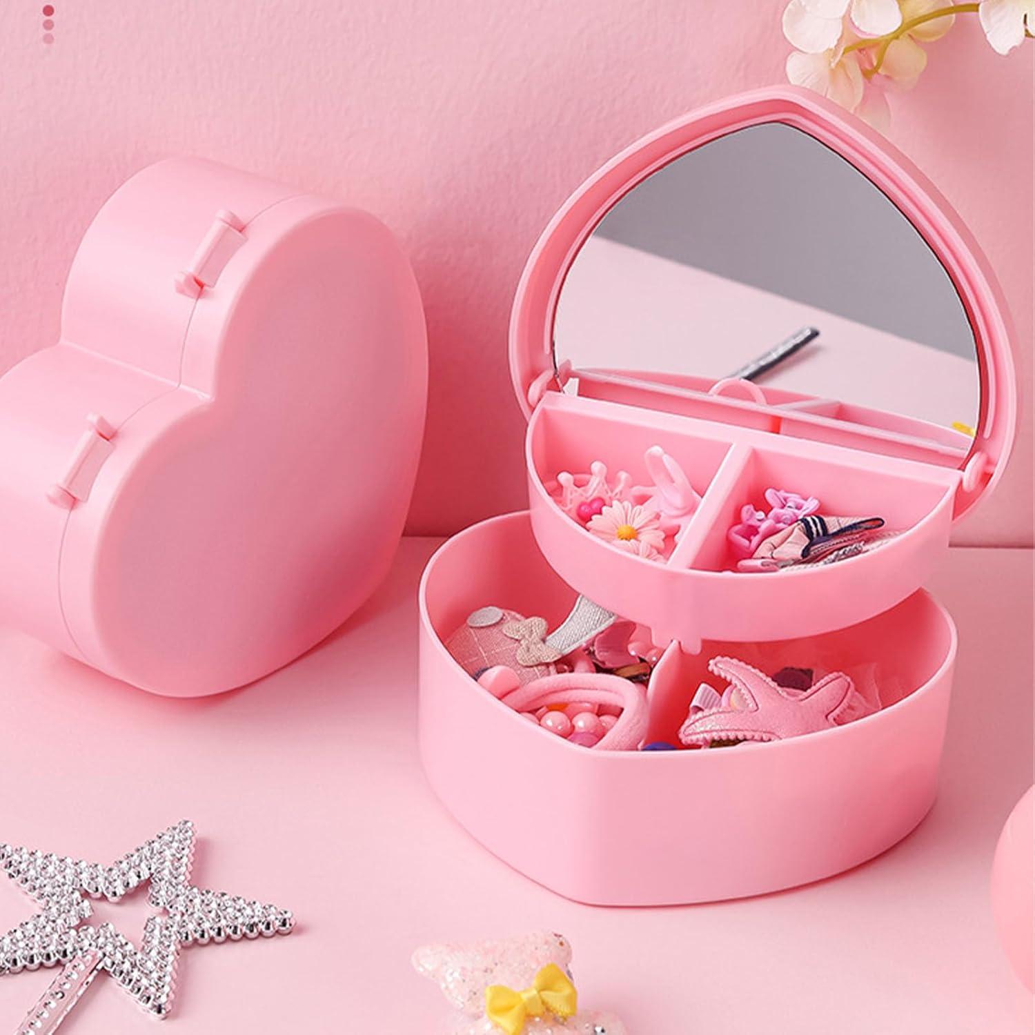 Girls Jewelry Box, 2 Layer Holder Organizer Heart Shape Portable Case with Mirror Travel for Earrings Rings Necklaces 
