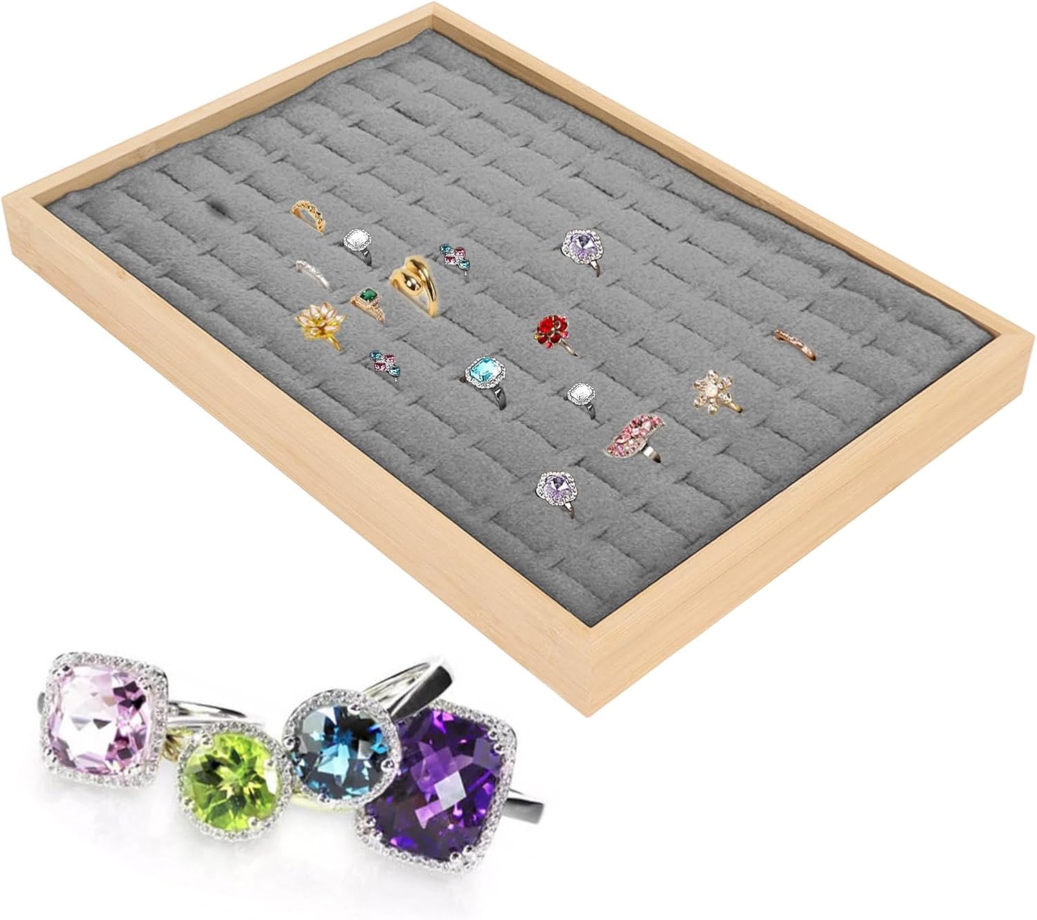 Rings Organizer Tray, 100 Slots Ring Earrings Trays Velvet Jewelry Display Tray Earring Storage Box rawer for Women Girls(grey) 