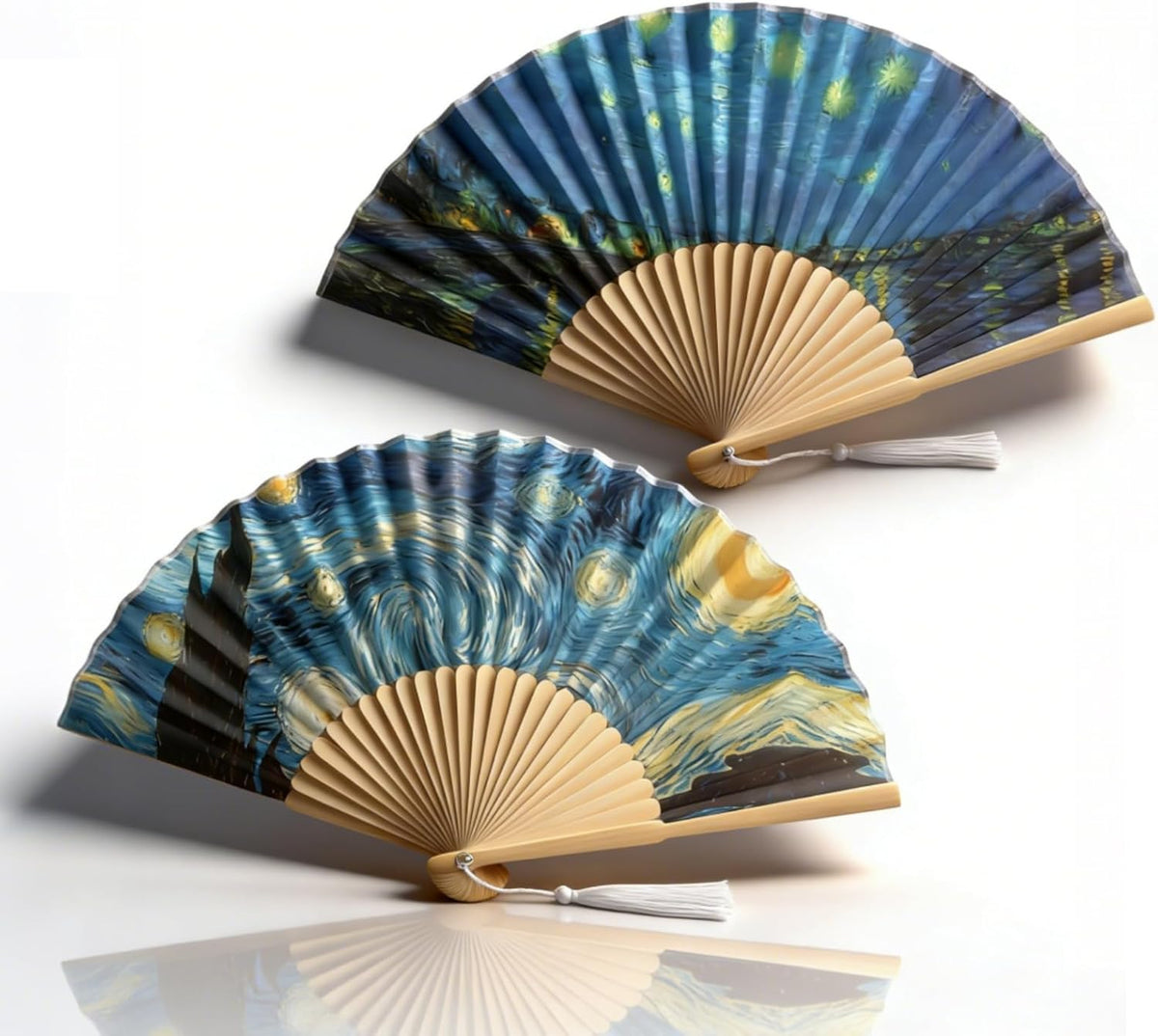Foldable Hand Fan, 2PCS Held Silk Folding Fan Chinese Handheld with Frames Decorative Starry Night Pattern for Dancing Cosplay Wedding Party Props Decoration 