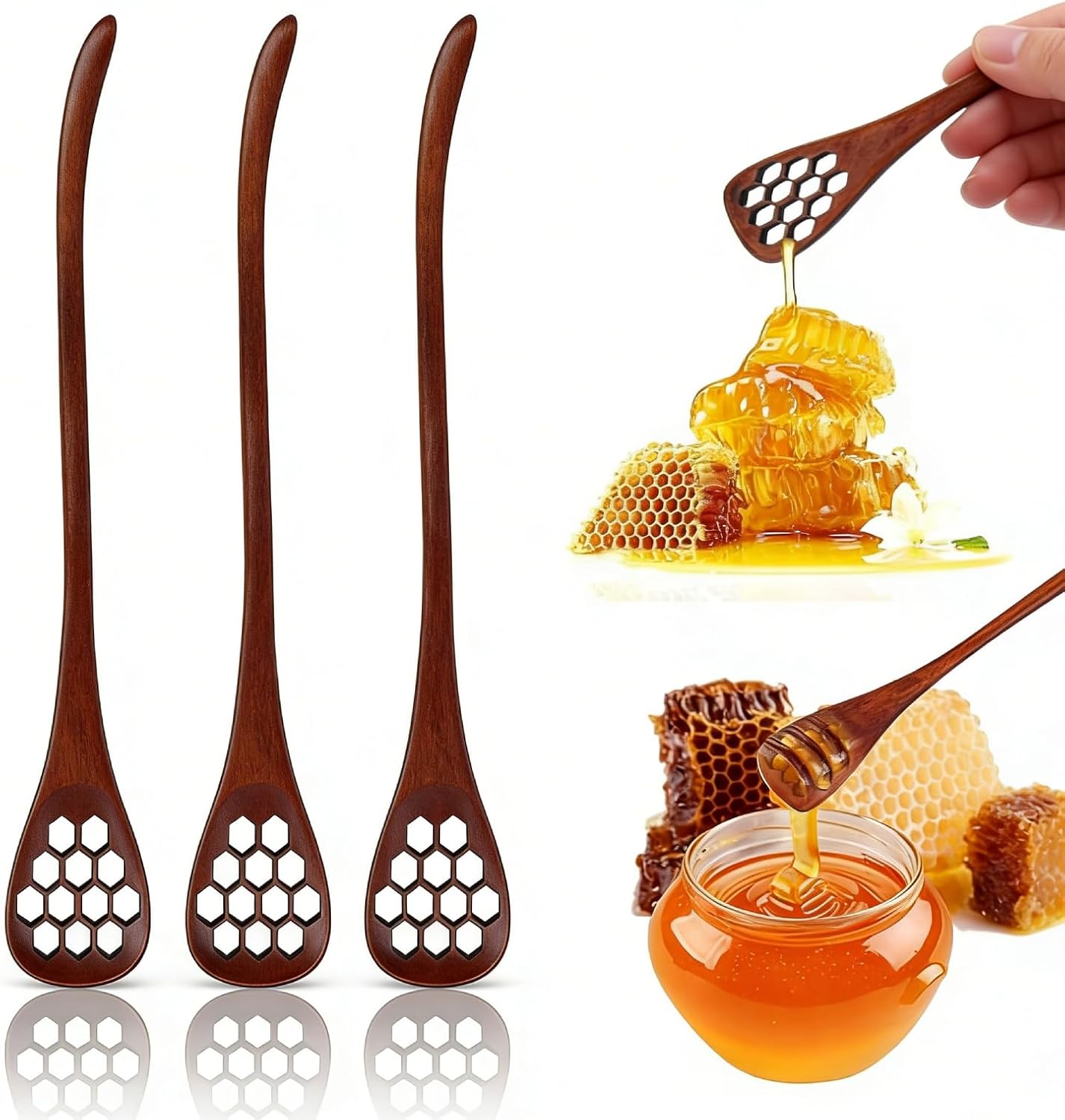 3PCS Honey Dipper Sticks, Long Handle Mixing Stick Mini Honeycomb Drizzler Wooden Spoon Stirrer for Collecting Dispensing Drizzling Jam 