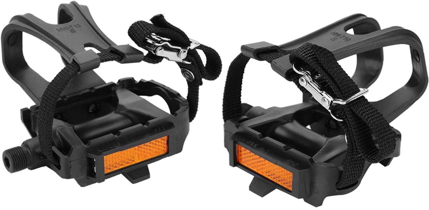 1 Pair Bike Pedals, Pedals with Toe Cages Road Bicycle Clip Adjustable Clips Straps for Wide Shoes Indoor Outdoor Cycling 