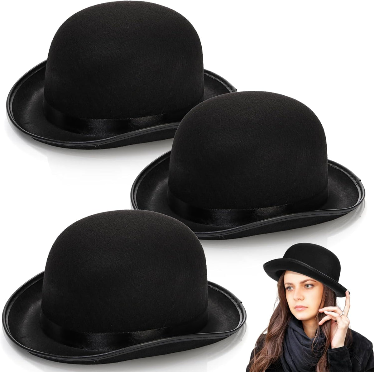 3 Pack Bowler Hat, 23" C Black Derby Felt Bolivian Costume Hat Accessories, Victorian Dress Up for Men and Women, Adults 