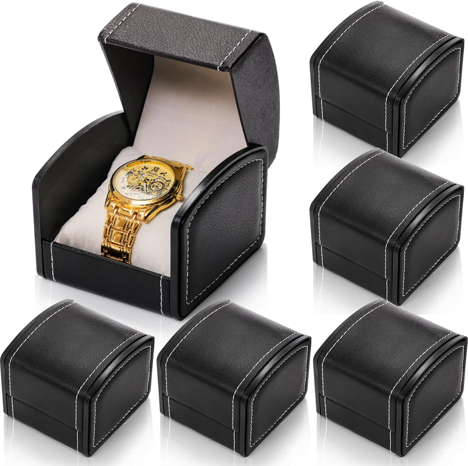 6 Packs Single Grid Watch Box with Pillow, PU Leather Gift Case for Bracelet, Jewelry Wristwatch Storage, Display Holder Men and Women, Roll Organizer, Black 