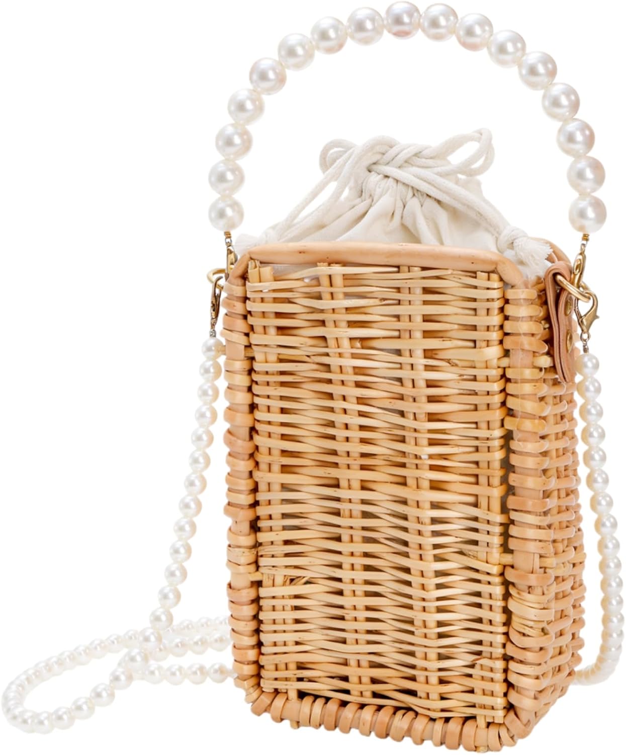 Pearl Basket Purse, Handwoven Rattan Beach Bag For Women, Rectangular Wicker Handbag, Vintage Summer Straw Tote 
