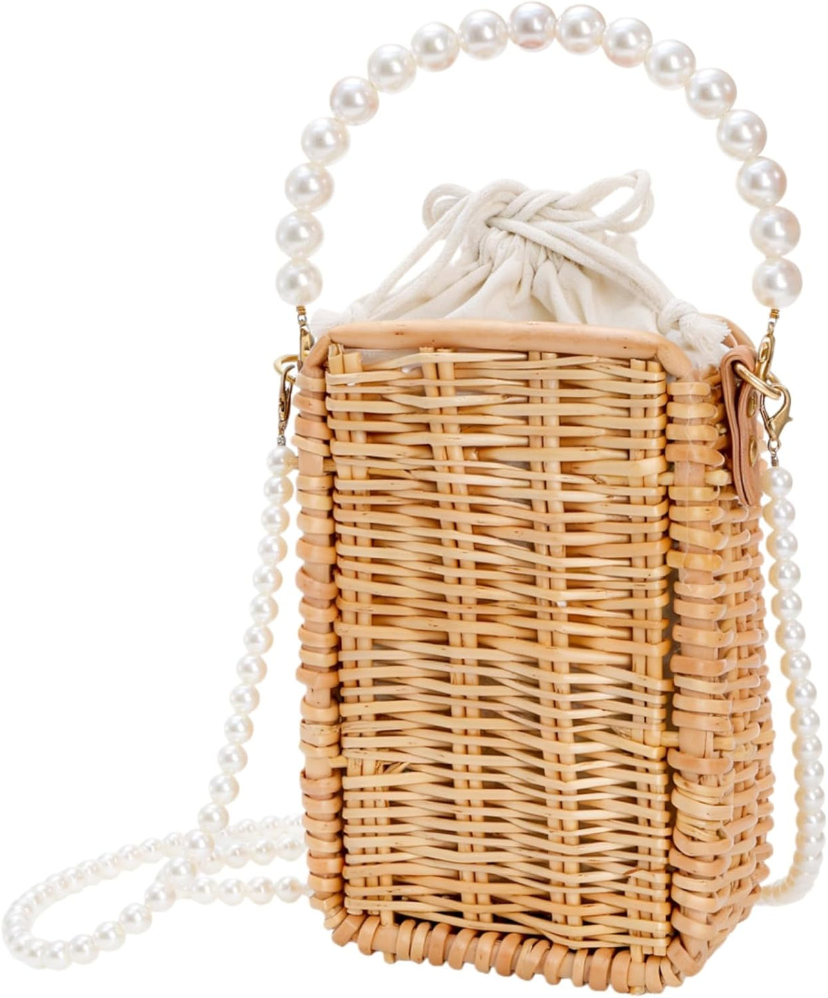 Pearl Basket Purse, Handwoven Rattan Beach Bag For Women, Rectangular Wicker Handbag, Vintage Summer Straw Tote 