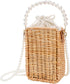 Pearl Basket Purse, Handwoven Rattan Beach Bag For Women, Rectangular Wicker Handbag, Vintage Summer Straw Tote 