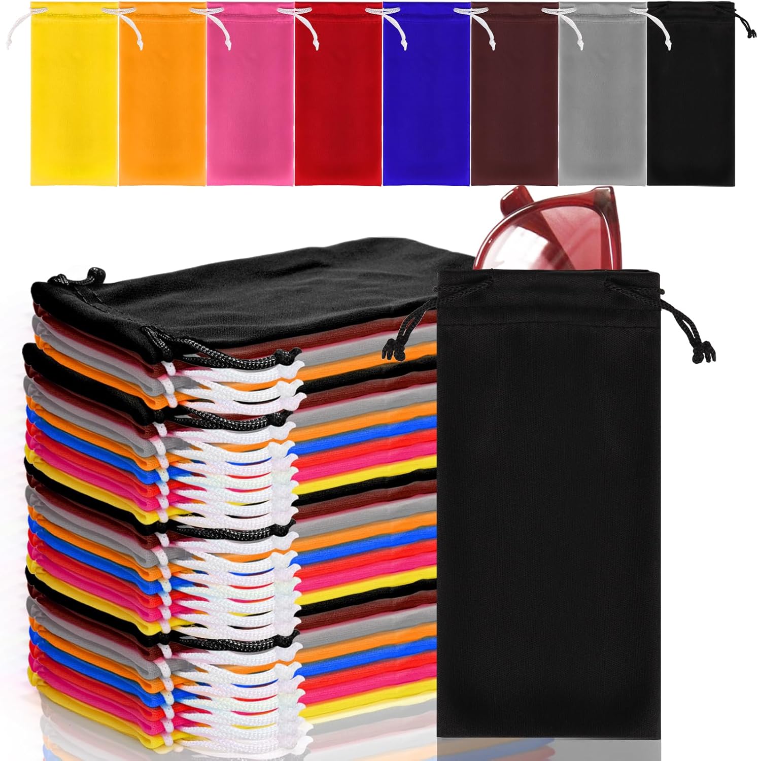 80 Packs Glasses Pouch, Microfiber Sunglasses Soft Case with Drawstring Closure, Gadgets, Black, Blue, Red, Orange, Pink, Brown, Gray, Yellow 