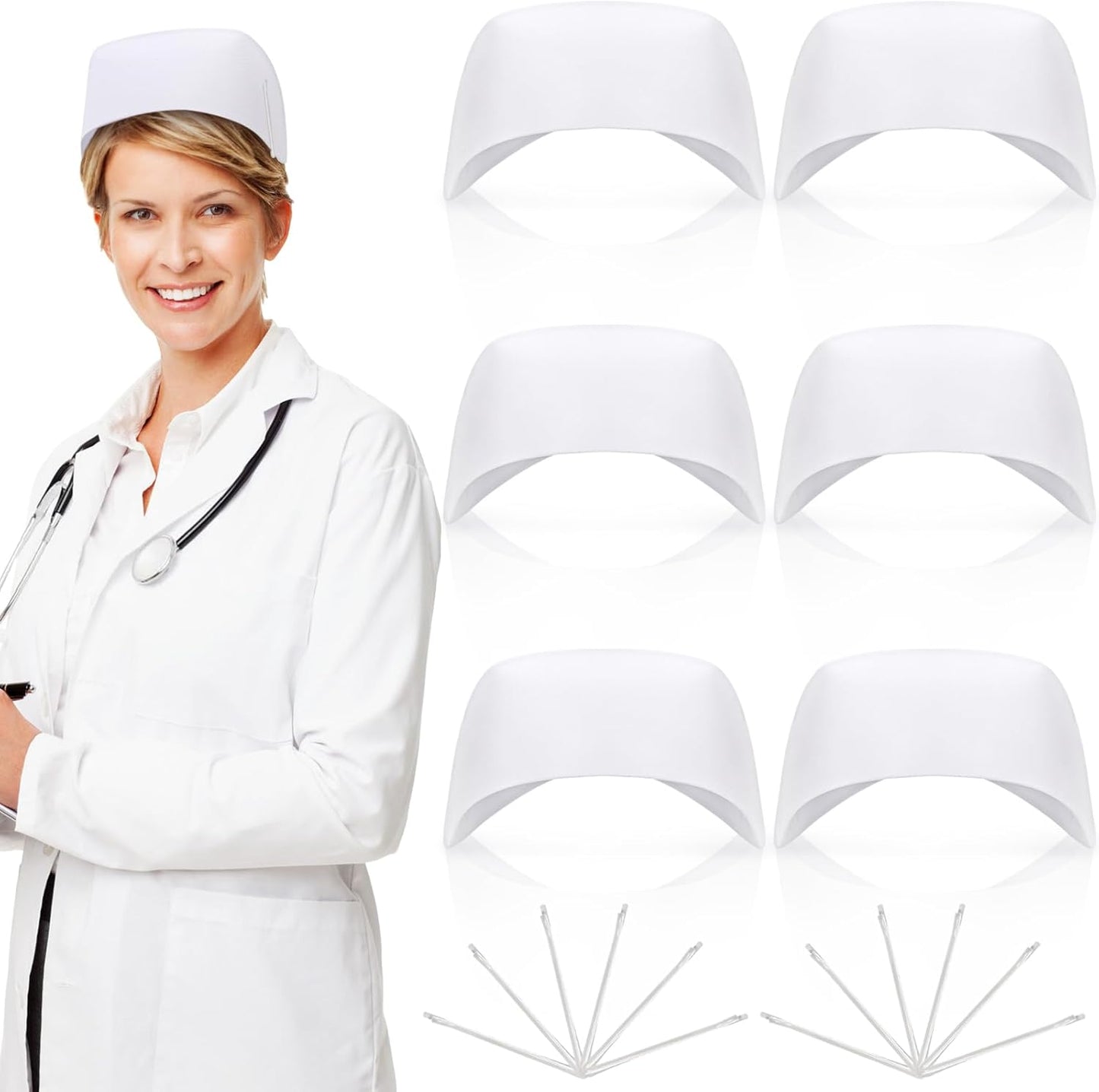 18 Pcs Nurse Hat Set, 6 Sturdy Caps with 12 Pins for Halloween, White Headband Costume Suitable Women, School, Party, Cosplay Supplies 