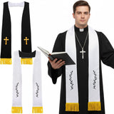White clergy stole with embroidered cross and gold tassels on a white background.