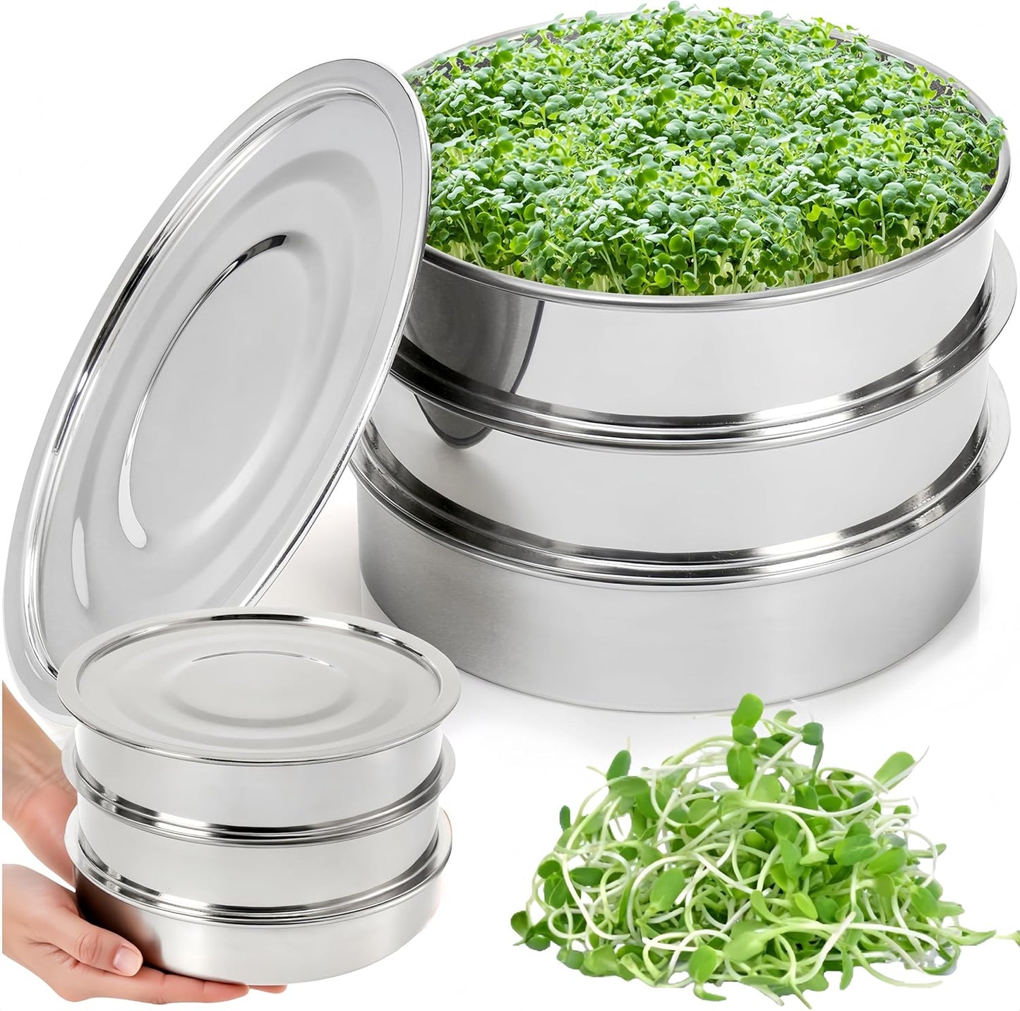 9" Stackable Stainless Steel Seed Sprouting Kit, 3-Tier Mesh Germination Tray, Sprout Grower with Lid Base, Microgreens Propagator for Beans Peas Broccoli Wheat Grass, Soil Free 