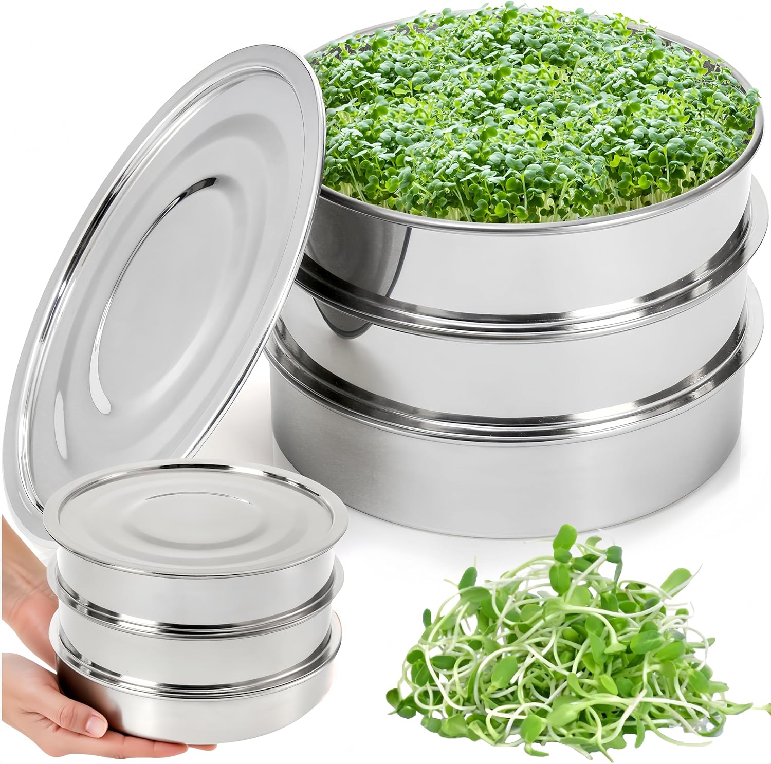 9" Stackable Stainless Steel Seed Sprouting Kit, 3-Tier Mesh Germination Tray, Sprout Grower with Lid Base, Microgreens Propagator for Beans Peas Broccoli Wheat Grass, Soil Free 