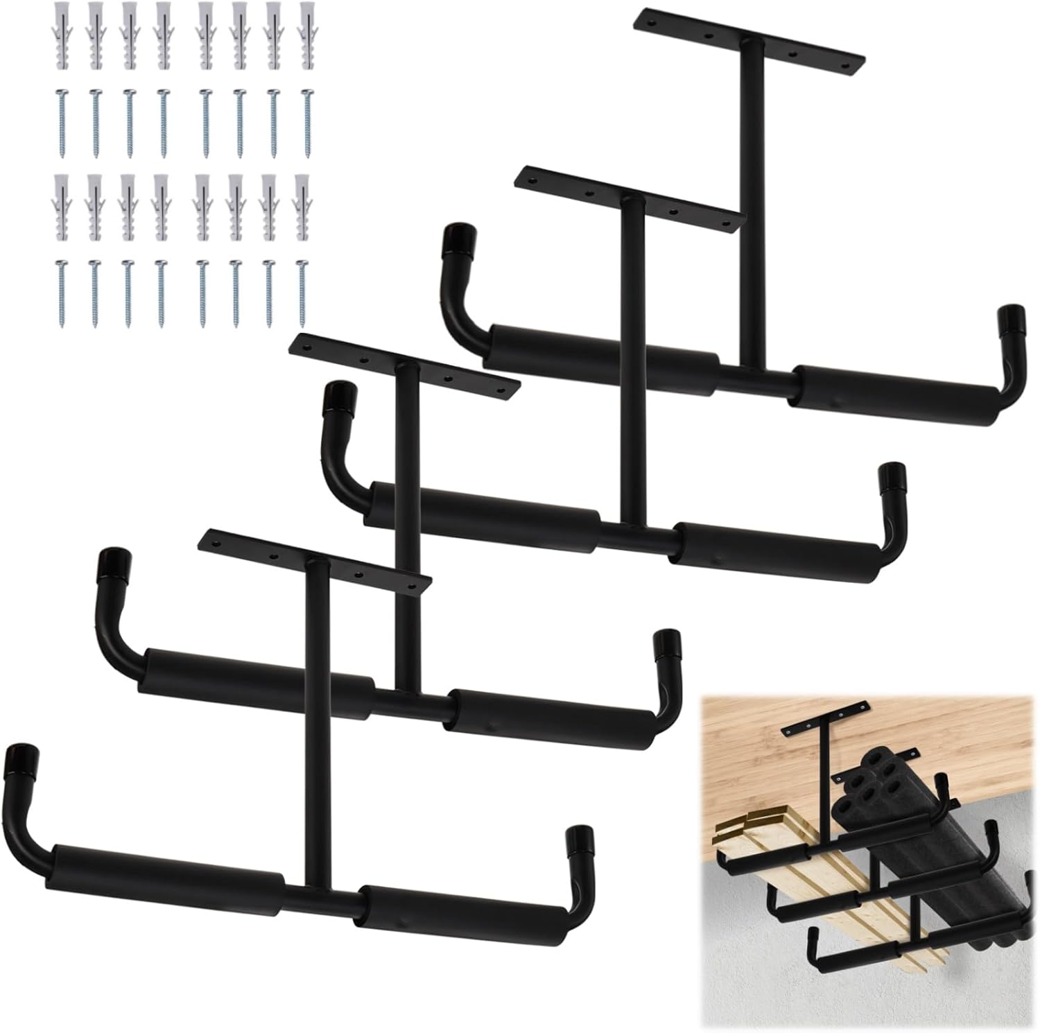 4 Pack Overhead Garage Storage Hooks, 16.5" Heavy Duty Ceiling Mount Hangers, Double T-Bar Metal Ladder Racks, Hanging for Bike, Pipe Lumber, Fishing Rod, Sports Equipment 