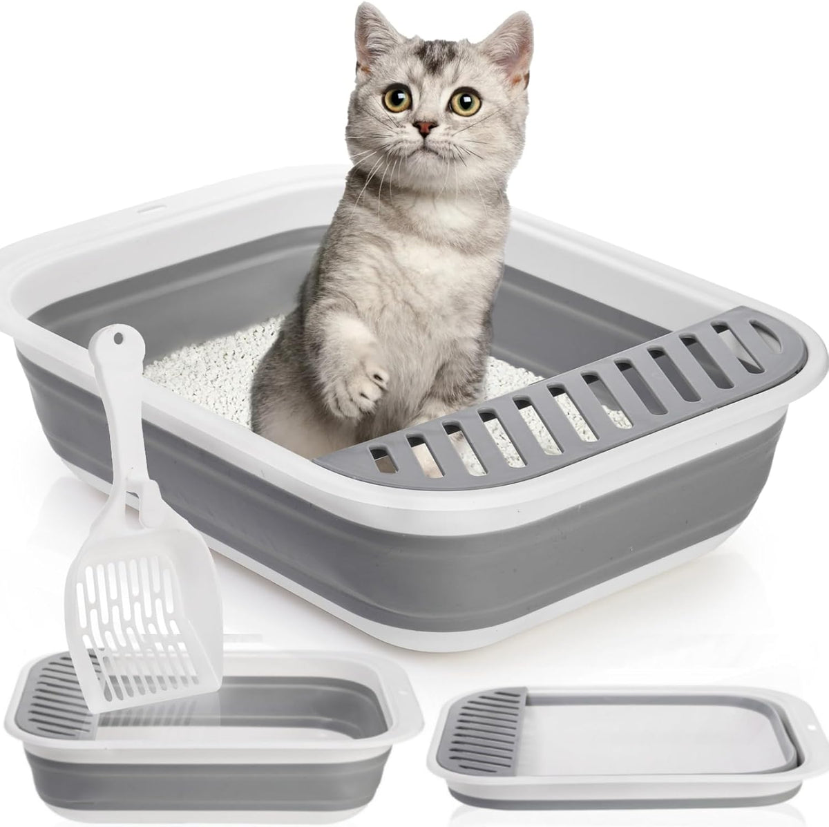 Collapsible Small Cat Litter Box, 17.7'' Open Foldable Kittens Potty with Scoop, Shallow Anti Splash Travel Toilet, Semi Enclosed Height Adjustable Sides Pan for Sick Frail Grey 
