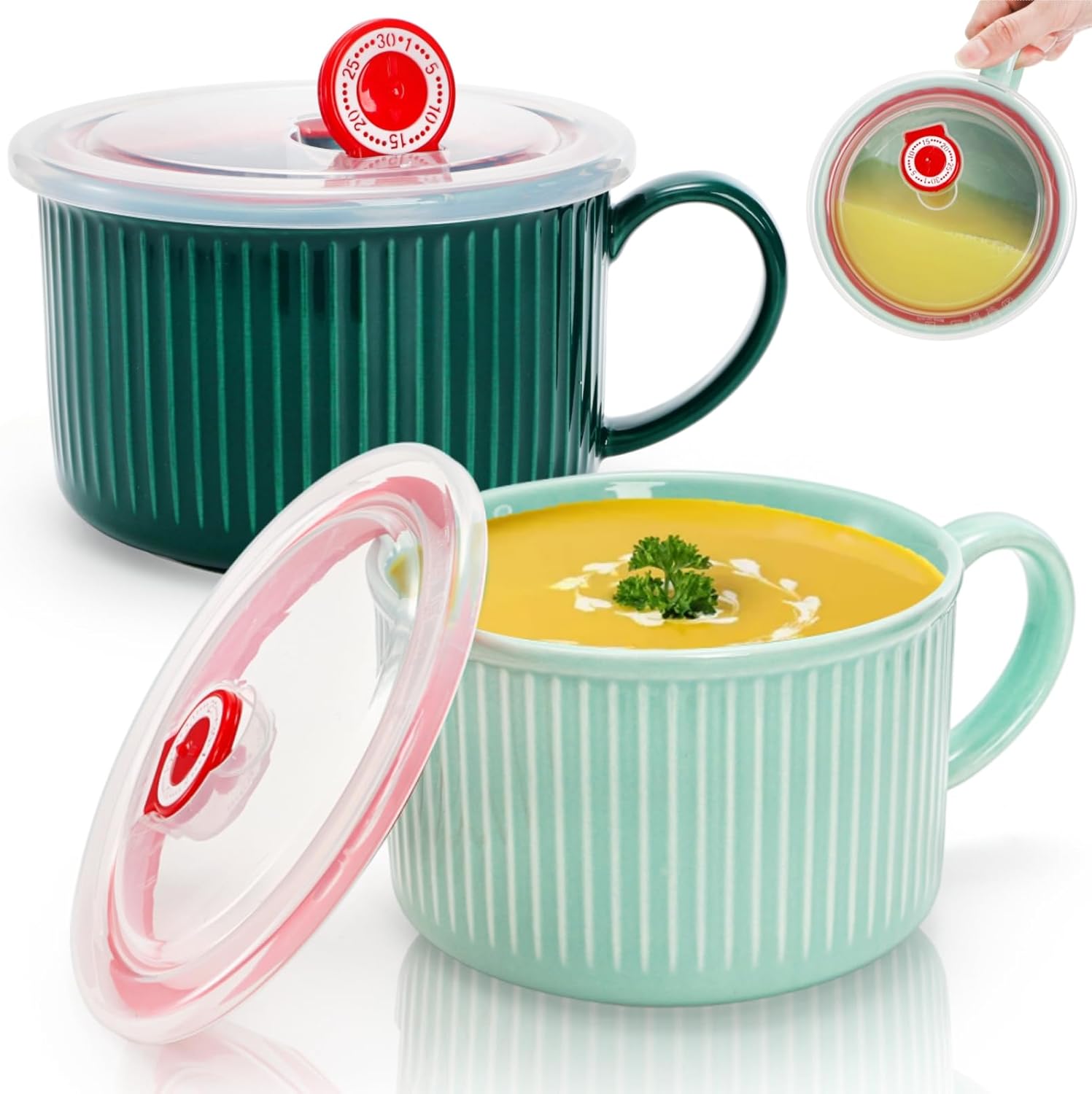 2 Packs Ceramic Soup Bowls with Handles, 32 OZ Microwave Safe Mug Vented Lid, Leak-proof French Onion Bowls, Large Crocks for Ramen, Noodle, Cereal 