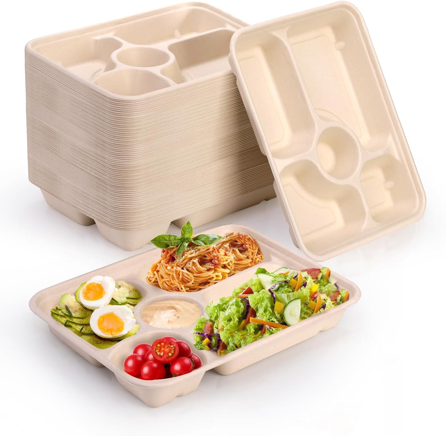50 Pack 5 Compartment Disposable Paper Plates, 11" x 8" Compostable Bagasse School Lunch Tray, Heavy-Duty Sectional Sugarcane Plate, Divided Platter Tray for Buffet Party, Microwave Safe 