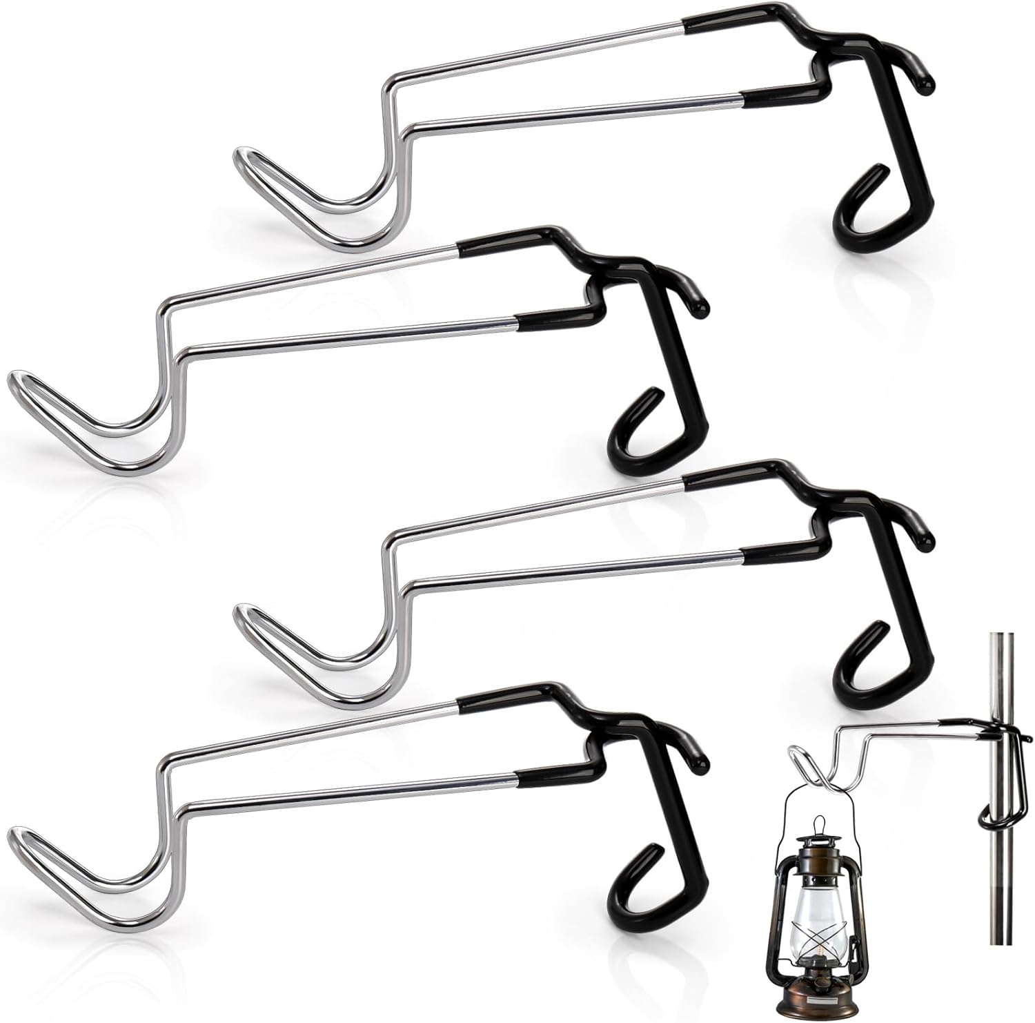 4 Pack Camping Lantern Hook Hangers, 10" Outdoor Lamp Hanger Stand, Stainless Steel Non-Slip Tent Light Pole Hook, Portable Water Bottle Holder Bracket for Hunting Fishing Hiking 