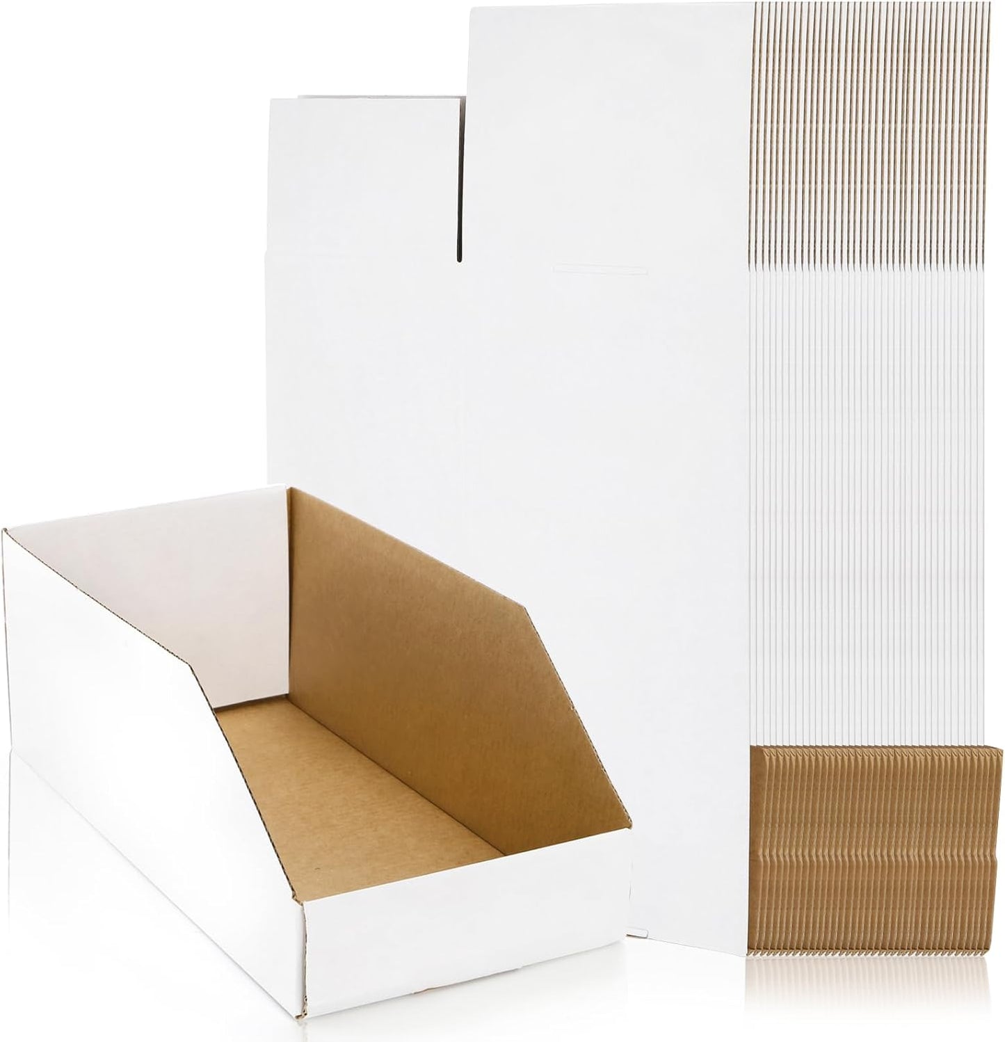35 Pack Cardboard Storage Bins, 12" x 6" 4.5" Corrugated Open Top Box, White Pantry Shelf Organizer Bins for Parts Snacks, Ideal Garage Warehouse Home Packing Moving, Easy Assembly 