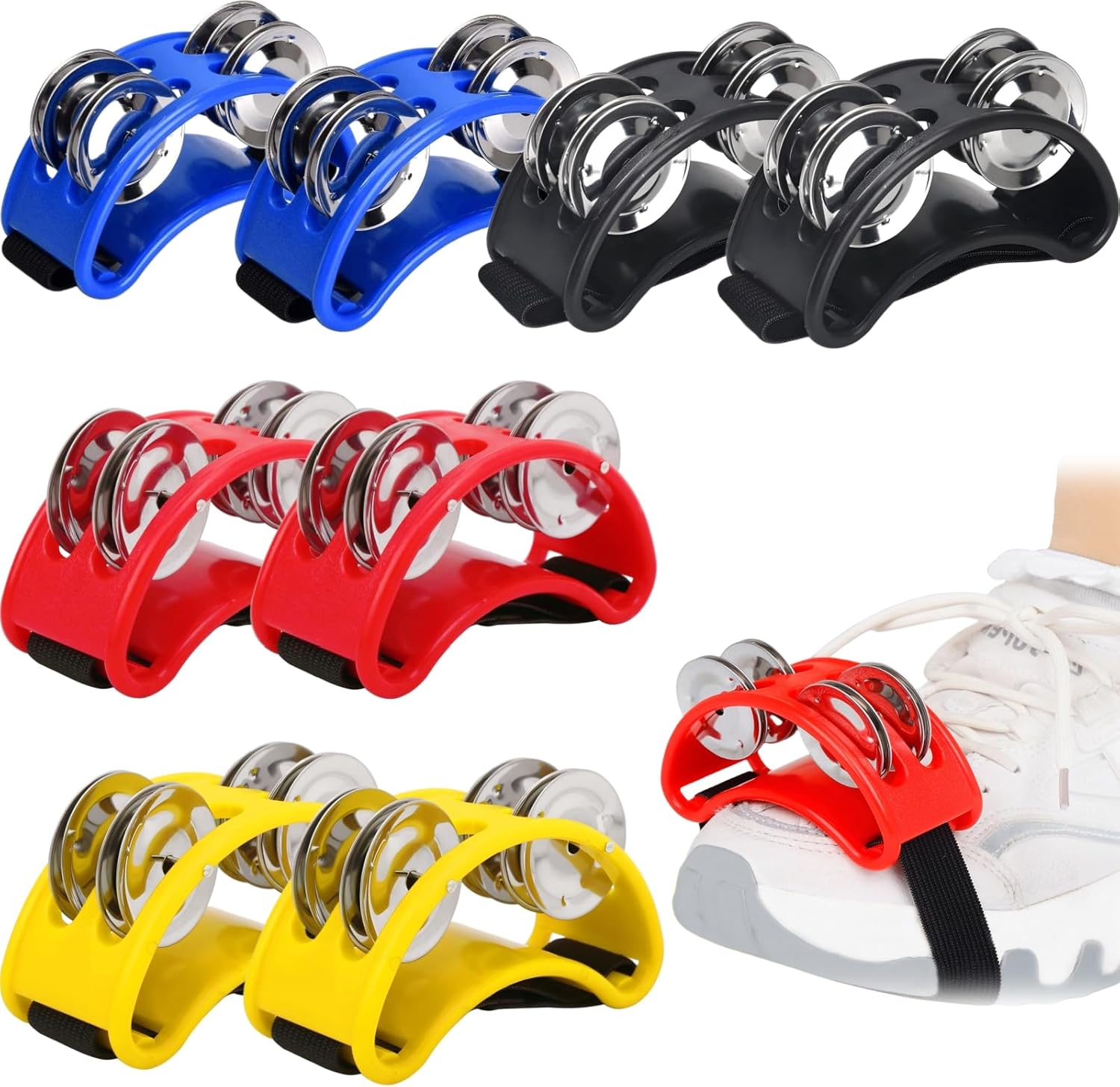 8 Packs Foot Tambourine for Adult, Drums with Elastic Strap, Percussion Shakers Steel Jingle Bells, Musical Instrument Guitar Cajon Banjo Playing 