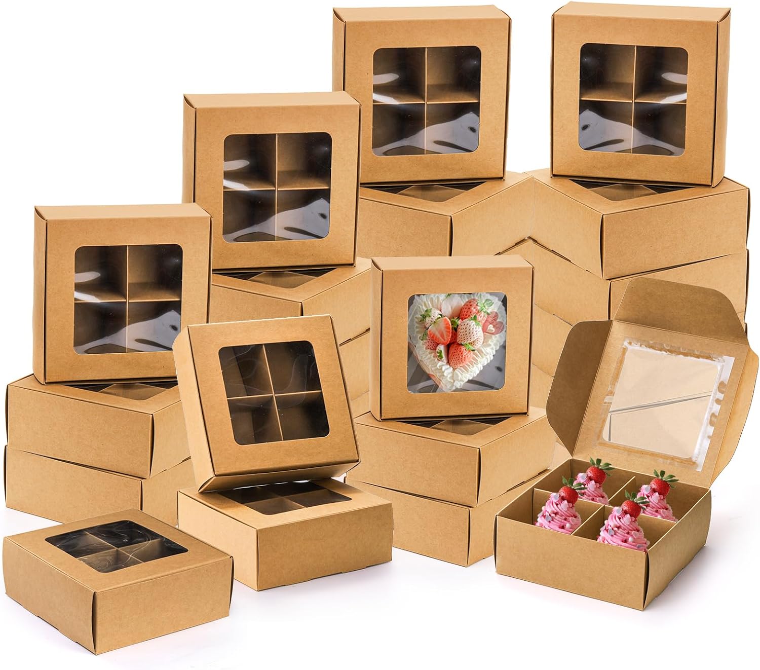 40 Pack Brown Bakery Boxes with Window and Dividers, 6 x Inch Mini Pastry 4 Compartments, Kraft Treats Gift Inserts, Cupcake Packaging Containers for Pastries Biscuits 