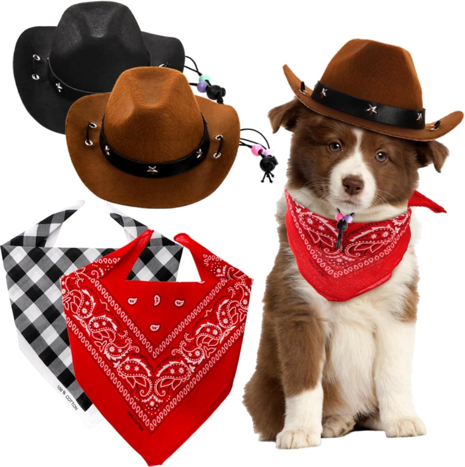 4 Pack Pet Cowboy Costume Accessories Set, 2 Pcs Hat and Bandana Scarf, Puppy Kitten Halloween Christmas Costume, West Party Cosplay Wearing for Cats Small Dogs 
