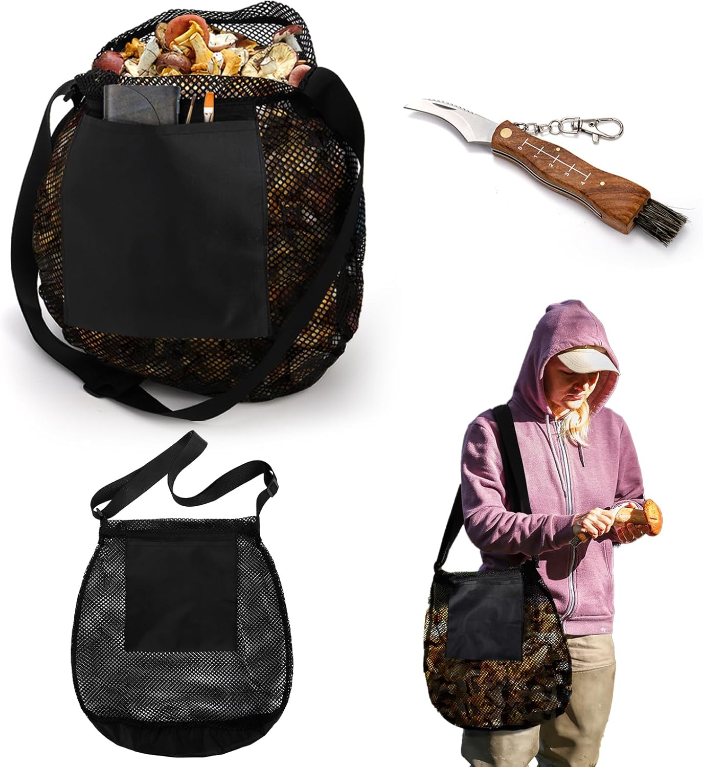 Foraging Bag, 2 Pcs Mushroom Kit with Bag and Foldable Knife, Morel Picking Basket, Practical Collecting Supplies Tools for Decor Lovers 