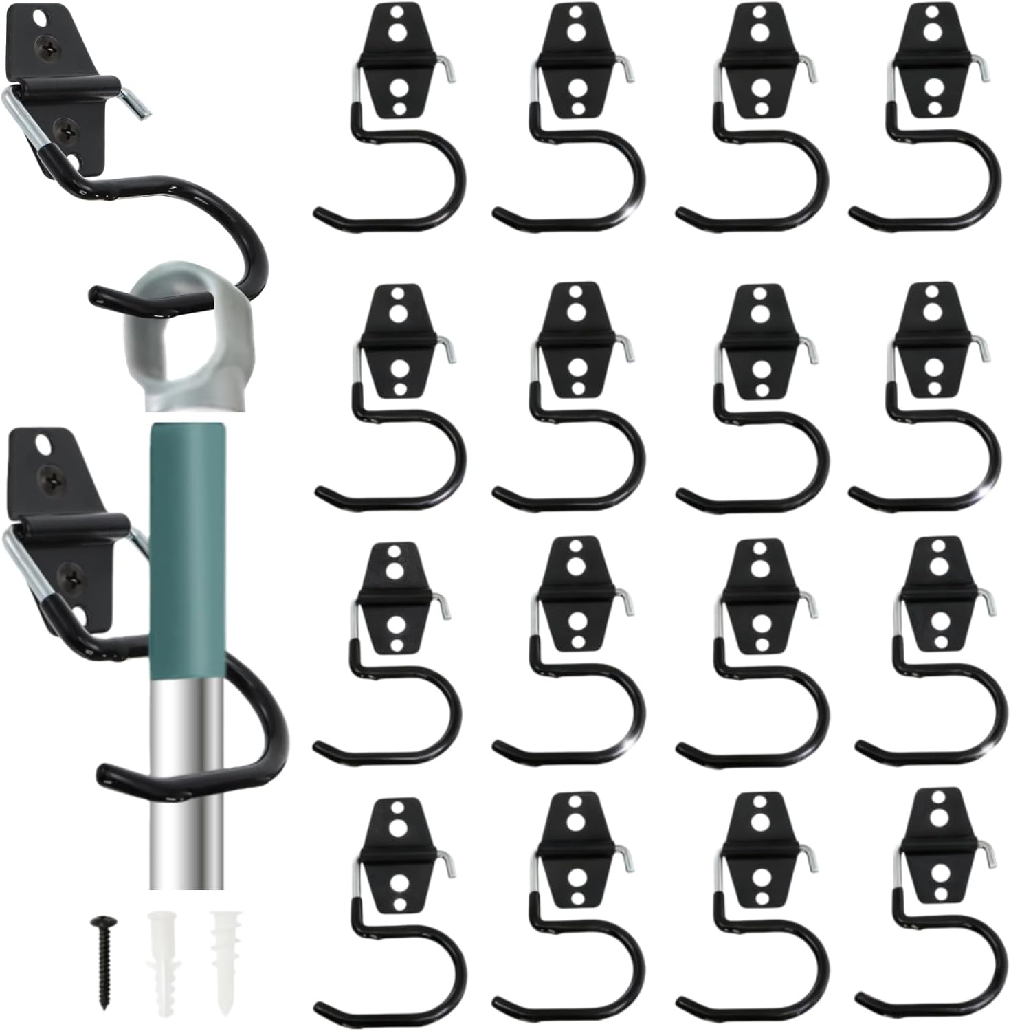 16 Pack Metal Broom Hooks, Heavy Duty Garage Holder Wall Mount, S Type Anti-Slip Mop Rack, Cleaning Tools Storage Organizer Hanger for Shovel Rakes Shed Garden Lawn Yard 