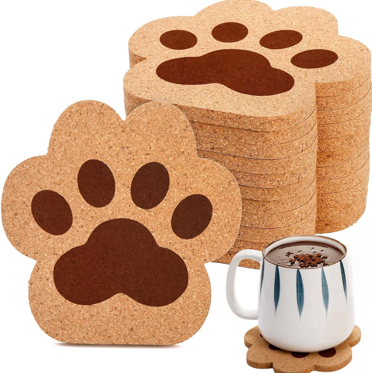12 Pack Cork Coasters for Drinks, 4.7" Absorbent Cup Mat Set, Heat Resistant Kitchen Coasters, Reusable Cat Paw Shape Table Protection Trivet Glasses Mugs, Room Decor, Housewarming Gifts 