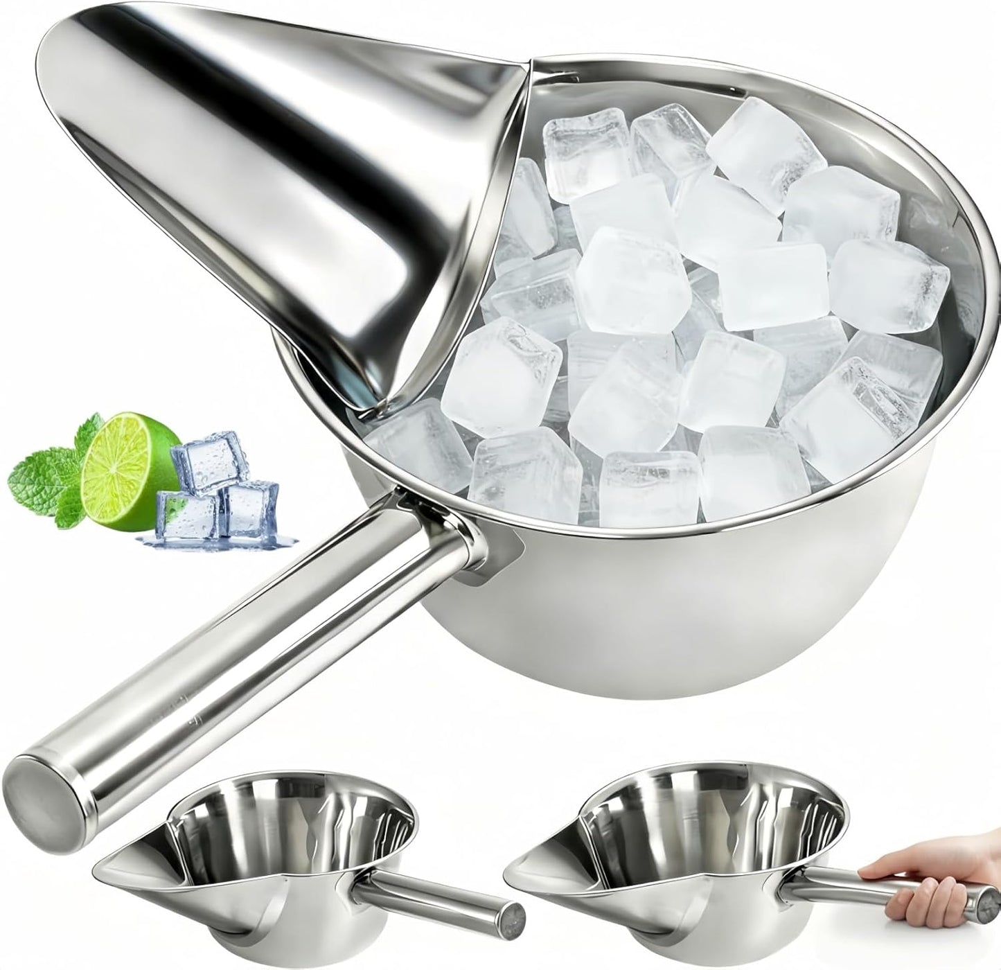 2 Pack 55 OZ Metal Ice Scoop, Large Stainless Steel Scooper, Heavy-Duty Flat Bottom Scoops, Stackable Durable Feed Grain Scoop for Restaurant, Kitchen, Bulk Food, Farm Feed, 1.72 Quart 