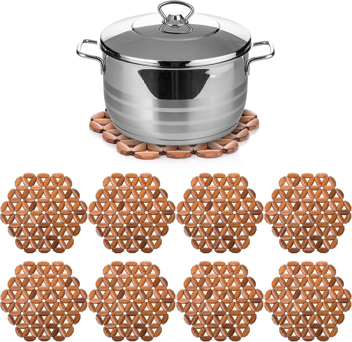 8 Pack Bamboo Trivet Mat, Hot Plate Pad, Heat Resistant Table Counter Protector, Coaster for Tea Coffee Pot Plates Pans Bowls, Festive Design Décor, Kitchen Gift Idea 
