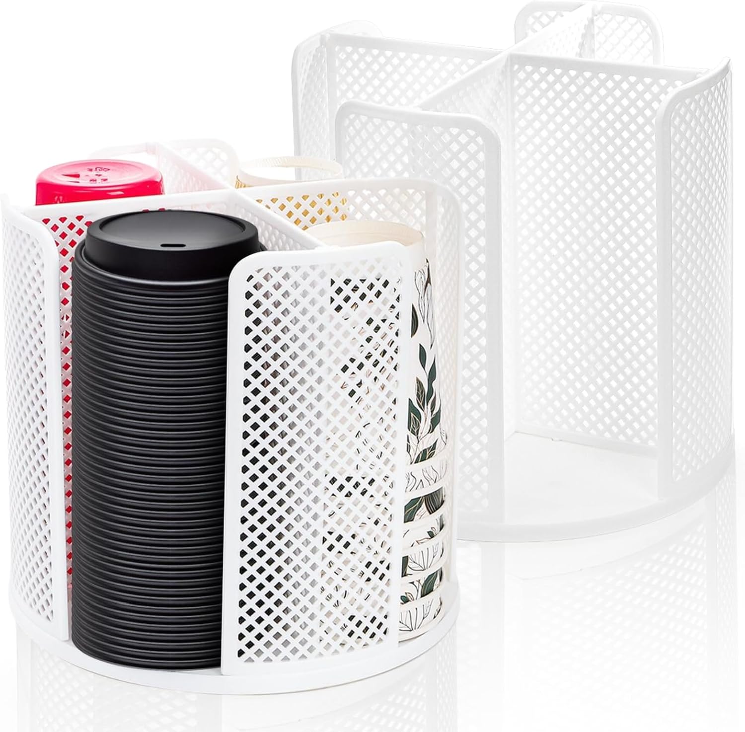 2 Pack Paper Cup & Lid Holder, Rotating Coffee Cups Dispenser with 4 Compartments, Plastic Disposable Storage Organizer for Countertop Bathroom Station Bar Kitchen Office (White) 