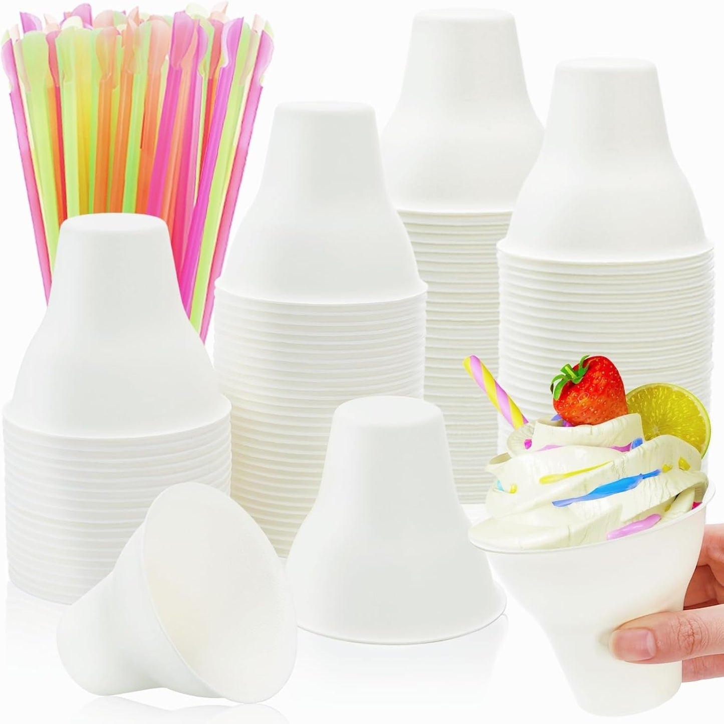 100 Pack Snow Cone Cups and Straws, 12 OZ Paper Cup with Colorful Spoon Straw, Leak-proof Shaved Ice Holder, Disposable Cream Bowls for Party Event Water Cooler 