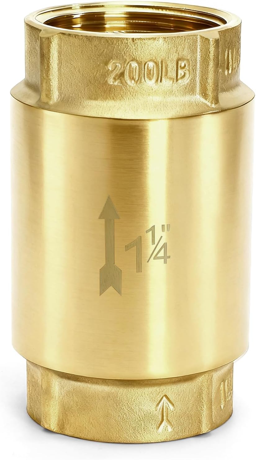 1-1/4 Inch Brass Check Valve, Universal One Way In Line Valves with Backflow Prevention, No Return Female Pipe Thread for Garden Hose Well Pumps Irrigation Systems, 1.25'' FNPT 