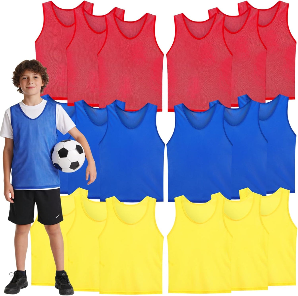 18 Packs Youth Team Pinnies, Kids Scrimmage Training Vest, Pennies, Jerseys Mesh Practice Vests for Basketball, Soccer, Football, Volleyball, 3 Colors 