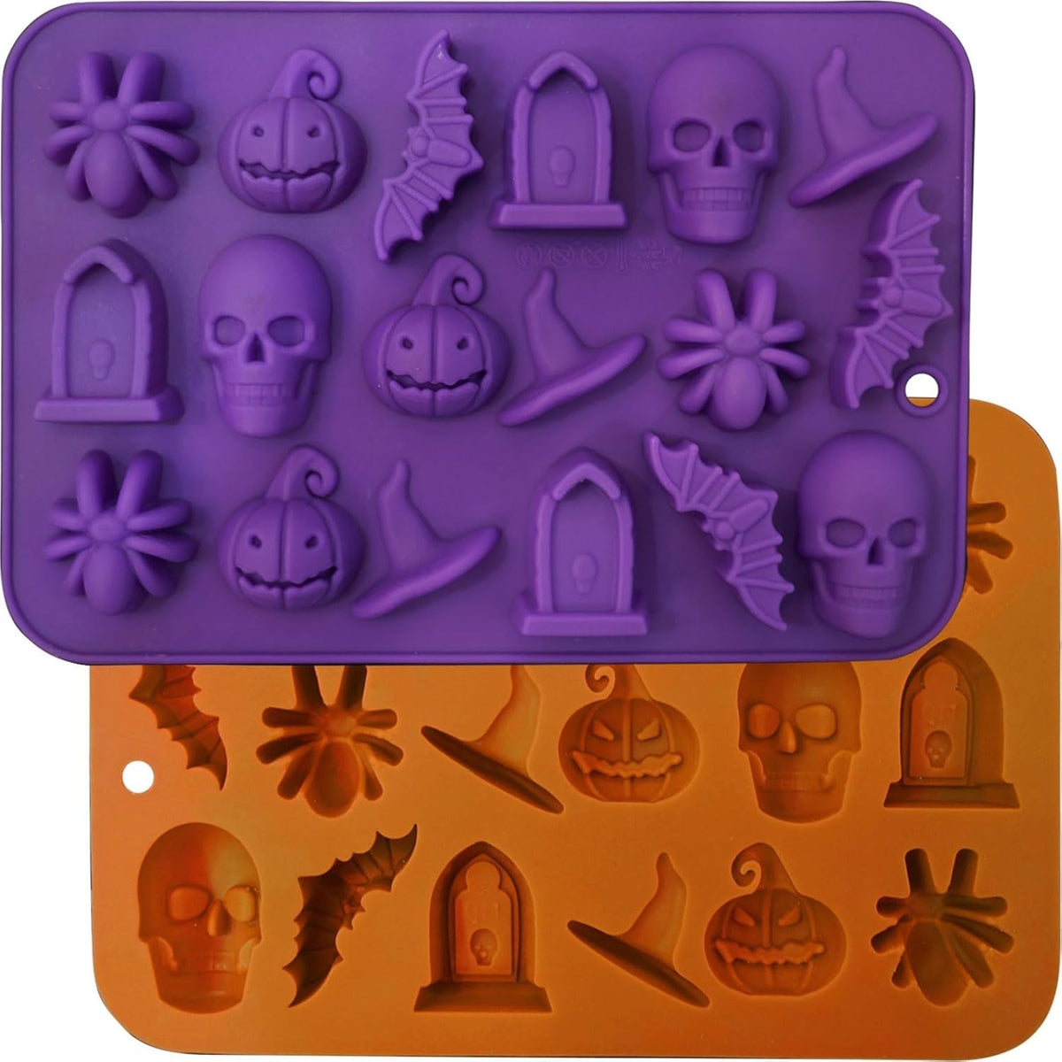 Halloween Molds - Silicone Molds - Chocolate Molds - 2-Pack - 3D Halloween Chocolate - Candy - Gummy Molds - Skull - Pumpkin - Bat - Ghost - Witch Hat - Spider - Tombstone - Shape Molds