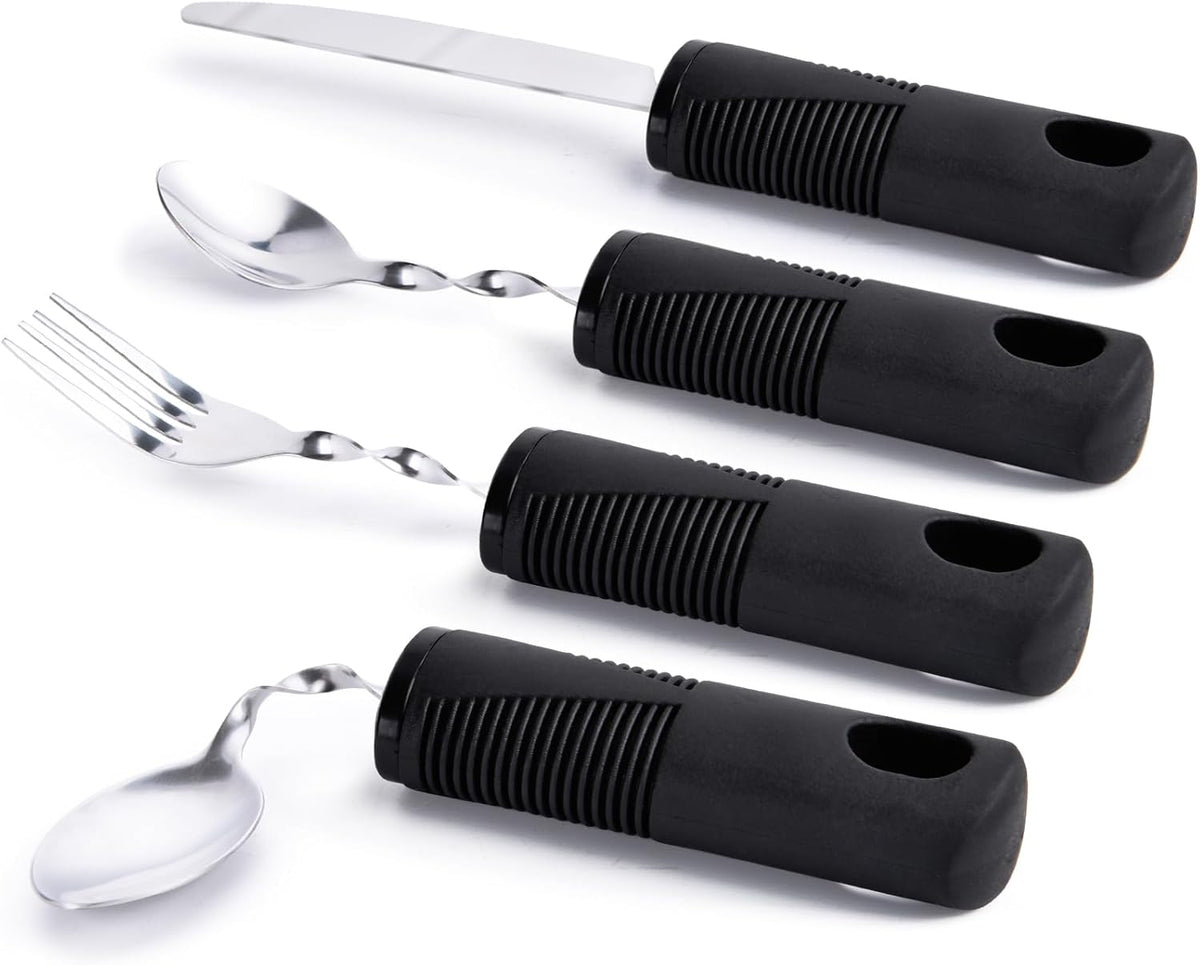 Foldable cutlery - Four-piece cutlery set - Weighted cutlery for hand tremors - Weighted silverware for Parkinson's disease patients - Arthritic hands - Stackable cutlery for adults - Adjustable cutlery - Black flexible cutlery