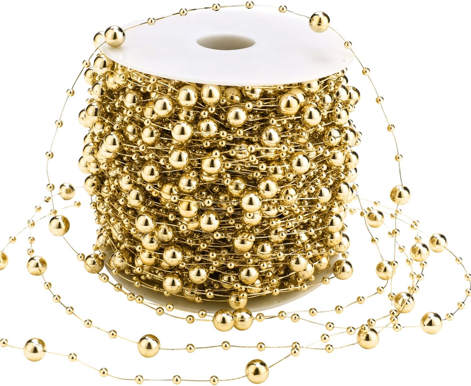 Artificial pearl beads chain - Pearl beads - Suitable for light blue weddings, bridal bouquets, DIY crafts, table decorations, Christmas decorations - Gold - 60 metres