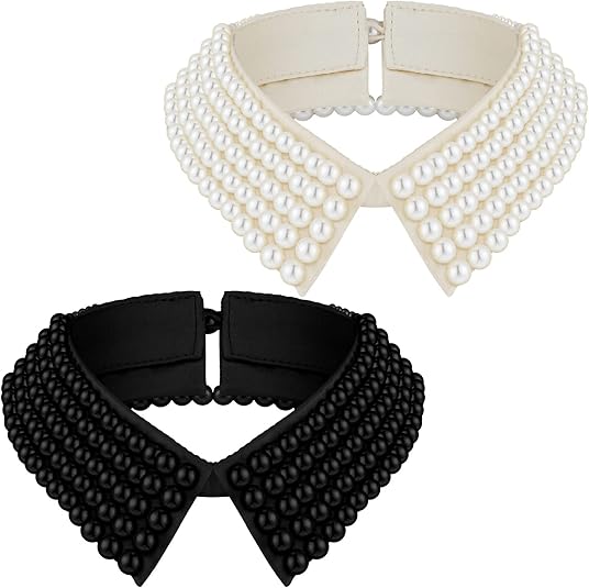 Ladies' Collar - 2-piece - Pearl Choker - Pearl Collar - Faux Collar - Women's - Fake Choker - Imitation Pearl - With Beads - Flap - Black + Beige