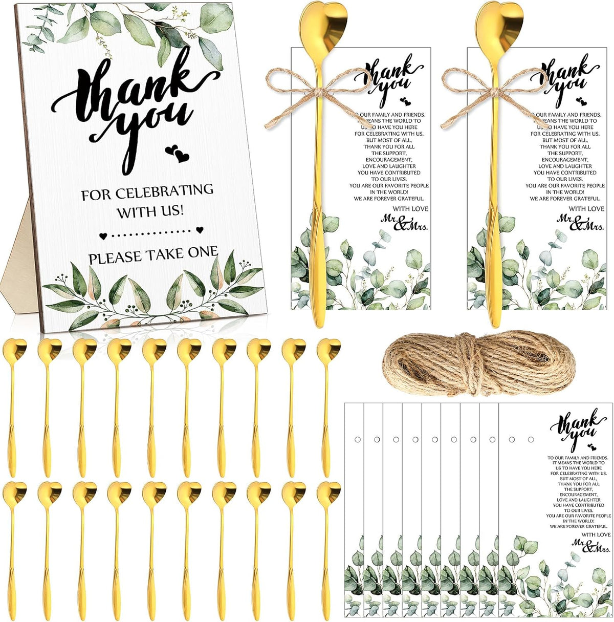 Party gifts - Wedding - Tea strainers - 25 pieces - Heart-shaped spoons - Stainless steel - Coffee and dessert spoons - Green plants for weddings - Thank you tape and string