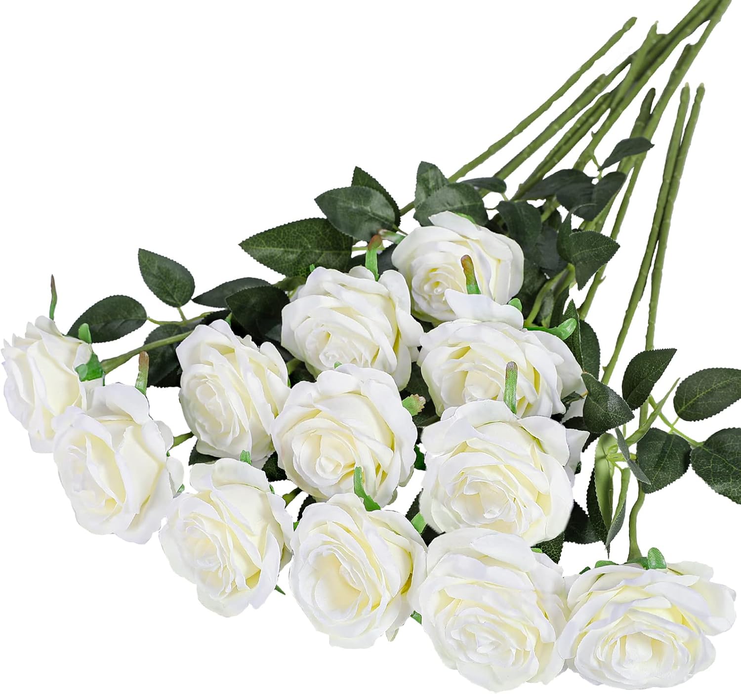 Artificial Flowers - 12 pieces - Rayon Flowers - Realistic Rose Bouquet - Long Stems - Suitable for Home - Wedding - Party - Decoration - White