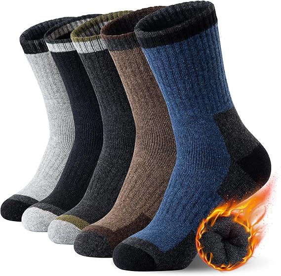 Heren walking socks - woolen socks - 5 pairs - fleece lined - thick - warm - winter socks with crew neck - suitable for cold weather