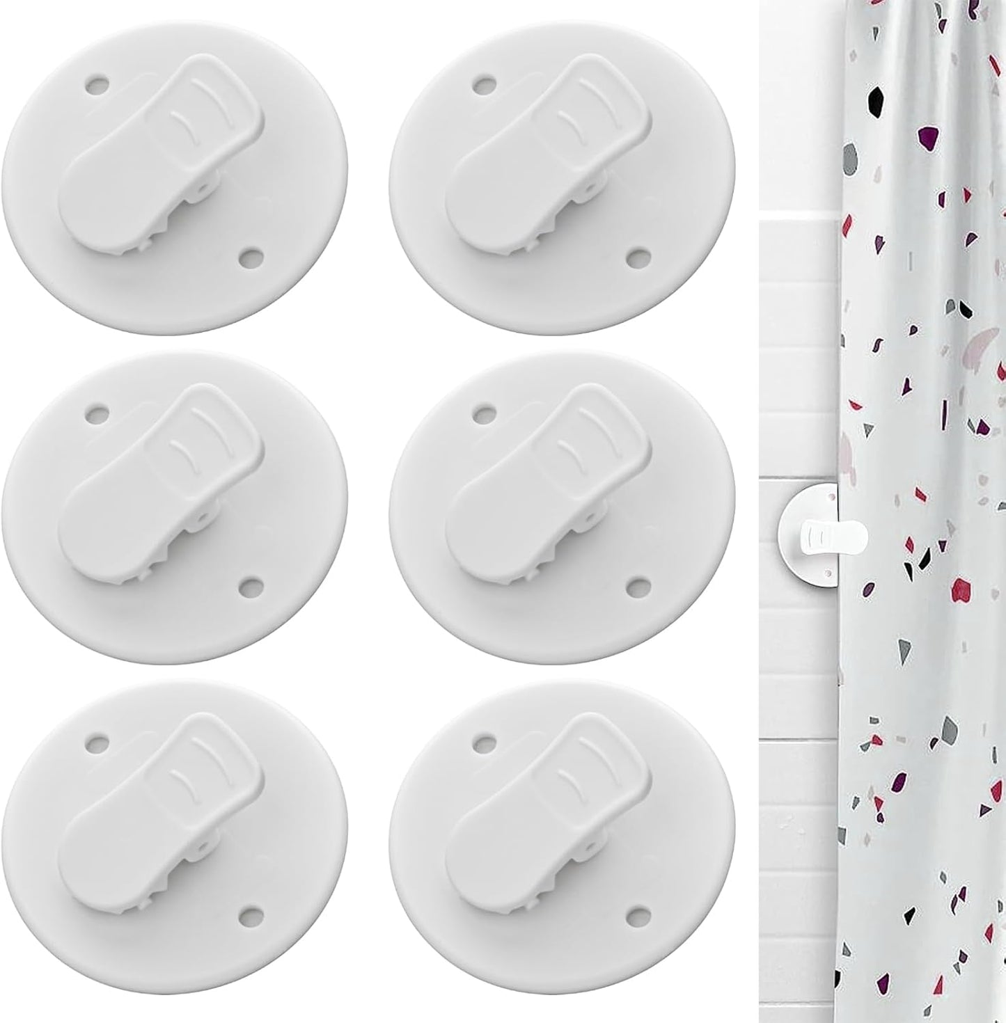 Shower Curtain Clips - 6 Pack - Self-Adhesive - Shower Splash Clips - For Curtains - Shower Curtains - Weighted Clips - Secure Shower Curtains and Curtains
