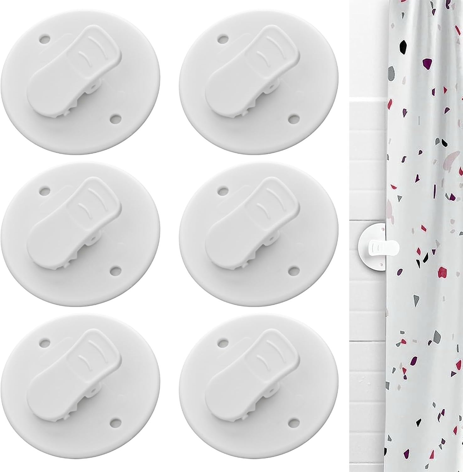 Shower Curtain Clips - 6 Pack - Self-Adhesive - Shower Splash Clips - For Curtains - Shower Curtains - Weighted Clips - Secure Shower Curtains and Curtains