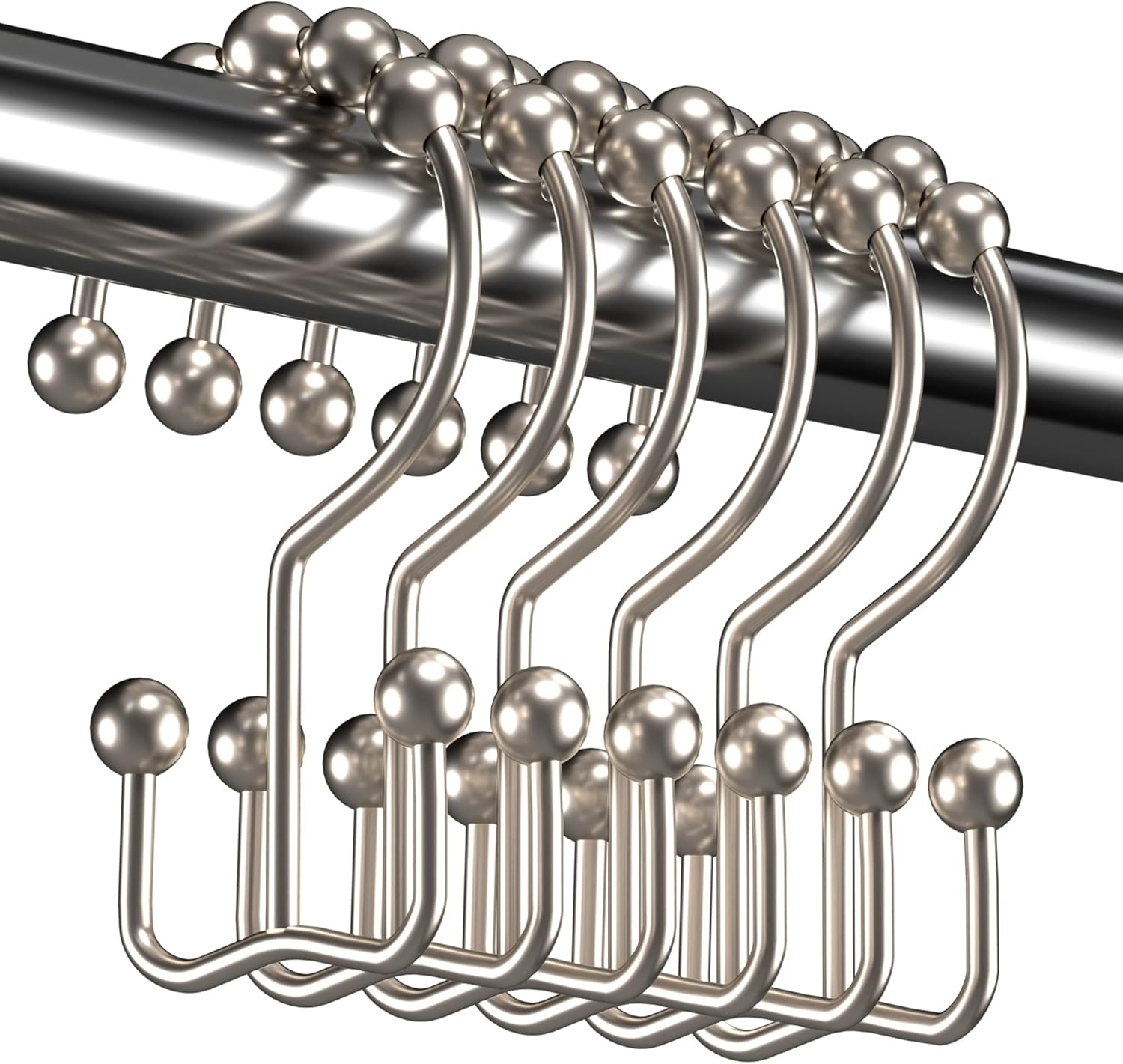 Shower Curtain Hooks - Stainless Steel - Metal - Double Sliding Clasp - Shower Curtain Rings - Suitable for Bathrooms - Double Shower Curtains - Shower Curtains - 12-pack - Nickel-coloured