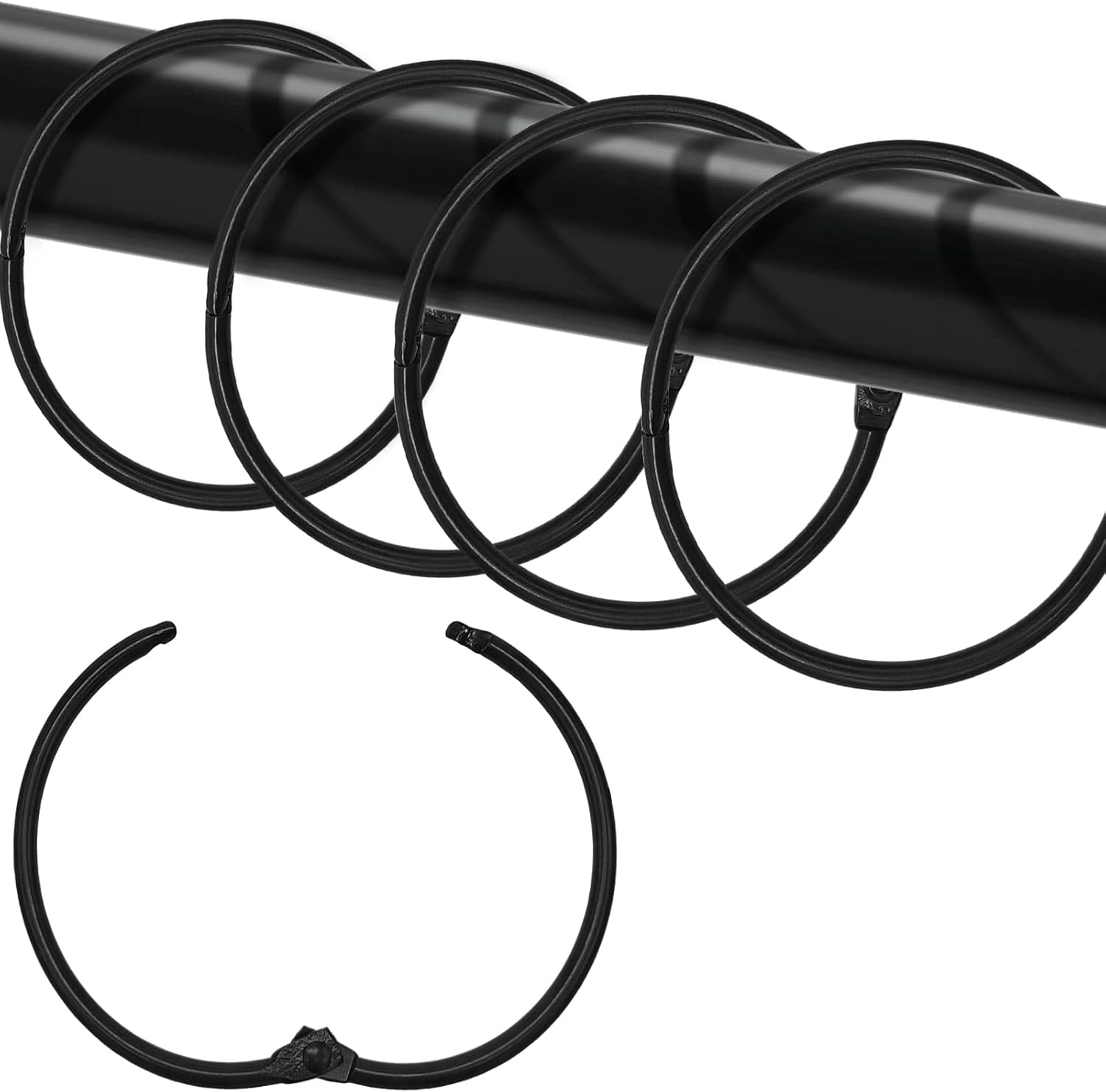 Shower Curtain Hooks - 24-pack - Stainless Steel - Multifunctional - Open Rings - Smooth Sliding - Round - Black - Shower Curtain Rings - Push Button Design