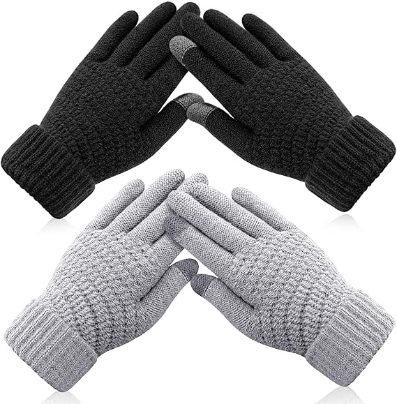 Winter gloves - Fleece gloves - Warm - Soft - Touchscreen gloves - Ladies' winter gloves - Suitable for cold weather - Knitted gloves - 2 pairs - Black gloves - Grey gloves