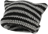 Kitten Hat - Cat Ear Hat - Black, White and Grey - Knitted Beanie - Rimless Beanie - Vintage - Ladies' Accessories - Winter Essentials - Y2K Accessories