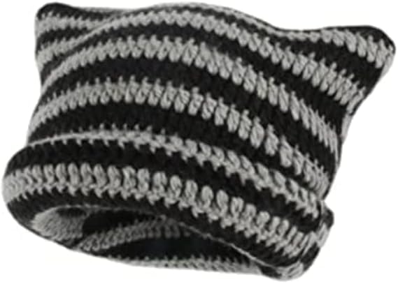 Kitten Hat - Cat Ear Hat - Black, White and Grey - Knitted Beanie - Rimless Beanie - Vintage - Ladies' Accessories - Winter Essentials - Y2K Accessories
