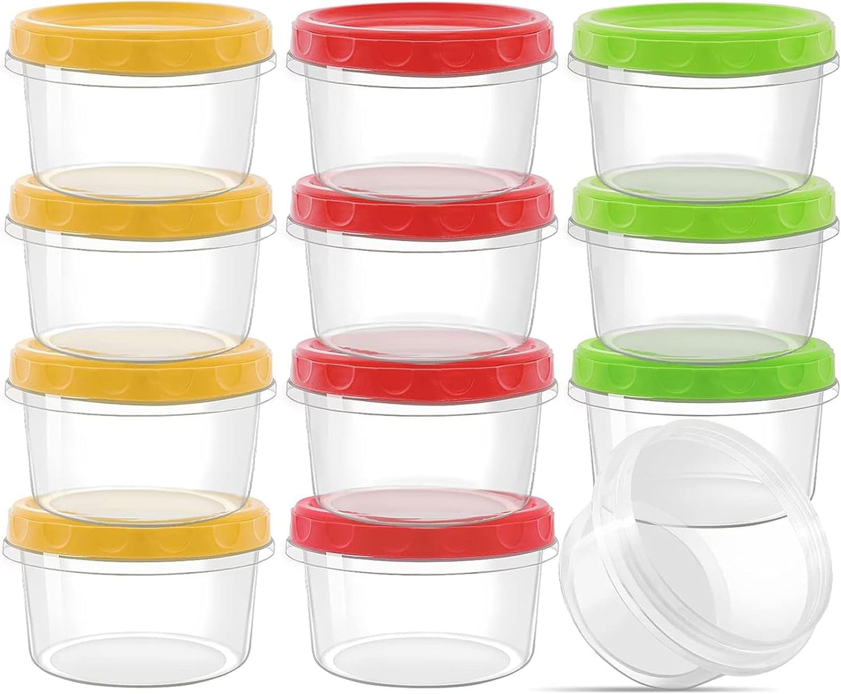 12 reusable 8-ounce plastic food containers with lids - deli containers - stackable food storage pots - dishwasher safe - microwave safe and freezer safe (red/green/yellow)