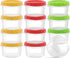 12 reusable 8-ounce plastic food containers with lids - deli containers - stackable food storage pots - dishwasher safe - microwave safe and freezer safe (red/green/yellow)