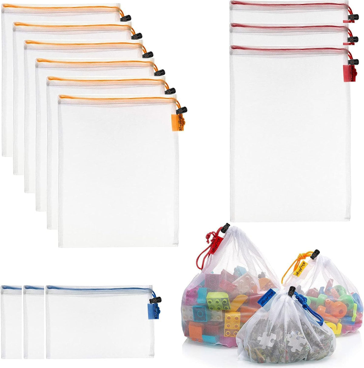 12 pieces of toy storage mesh bags - washable transparent gauze with drawstring - suitable for fruit- vegetables- groceries- groceries- storage space and toys- 3 different sizes